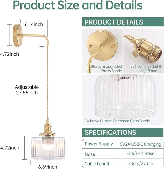 Battery Operated Wall Sconce with Clear Striped Shade Pattern Glass Adjustable Chain Retro Gold Wall Mounted Light, Modern Wall Lamp Fixtures Decor for Bedside Bedroom Indoor Doorway