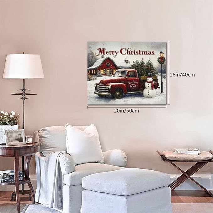 Christmas Pick-Up Truck Wall Art Christmas Tree Canvas Wall Decor Farm Barn Pictures Paintings Prints Snowman Artwork Framed Winter Holidays Decorations For Bathroom Bedroom Living Room Office Gifts 20" x 16"