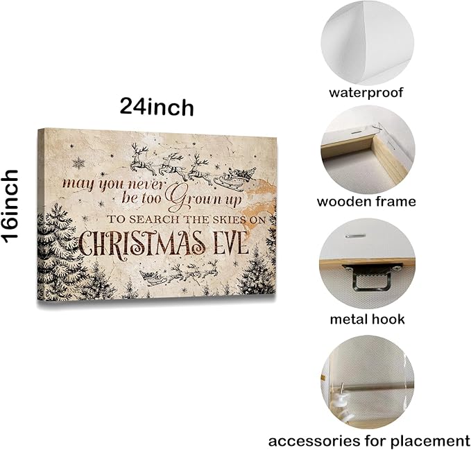 WODMIS Christmas Wall Decor,Farmhouse Christmas Decor,Christmas Signs Framed Canvas Wall Art,Christmas Eve Canvas Wall Art Home Decorations,May You Never Be Too Grown Up To Search 16x24