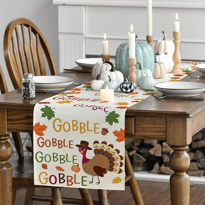 Artoid Mode Gobble Turkey Maple Leaves Thanksgiving Table Runner, Fall Autumn Harvest Kitchen Dining Table Decoration for Home Party Decor 13x120 Inch