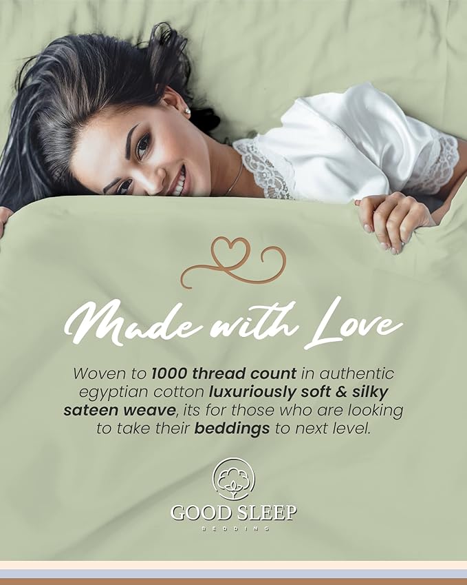 Good Sleep Bedding Split King Sheets Set - 100% Cotton, 1000 TC Egyptian Cotton, 5 Piece Set, 2 Fitted - 16" Deep Pocket, Sateen, Sage