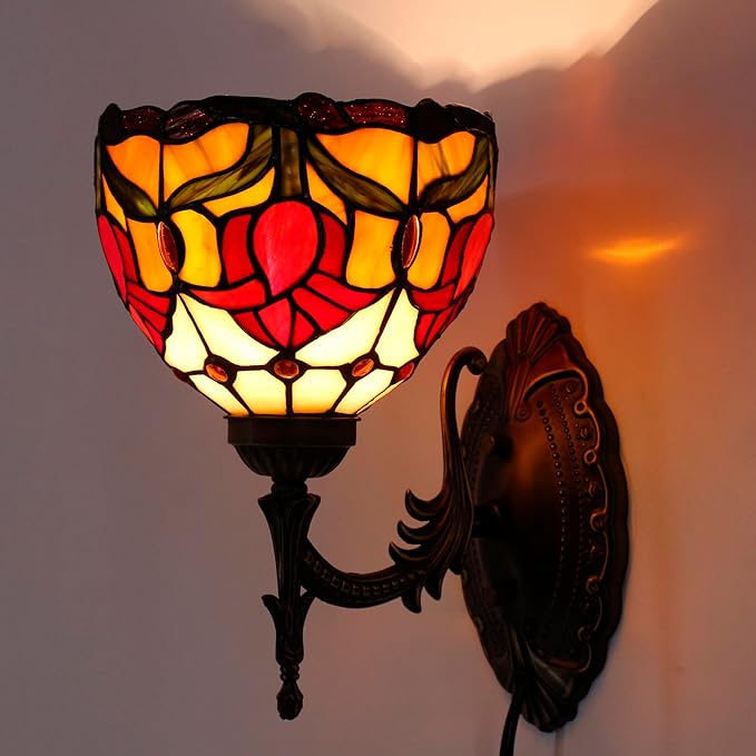Tiffany Wall Sconce Lamp Blue Stained Glass Flower Style 8X10.5X11 Inch Plug in Wall Bedside Light for Hallway Bedroom (Tulips Style)