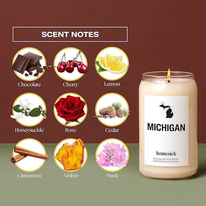 Homesick Scented Candles for Home (Michigan) - 13.75 oz Long-Lasting Soy Wax Jar Candle for Women & Men for All Occasions, 60-80 Hours Burn Time - Notes of Chocolate, Cherry & Lemon