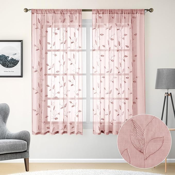HOMEIDEAS Blush Pink Floral Sheer Curtains 63 Inches Long 2 Panels Embroidered Pattern Semi Sheer Window Curtains for Bedroom Living Room