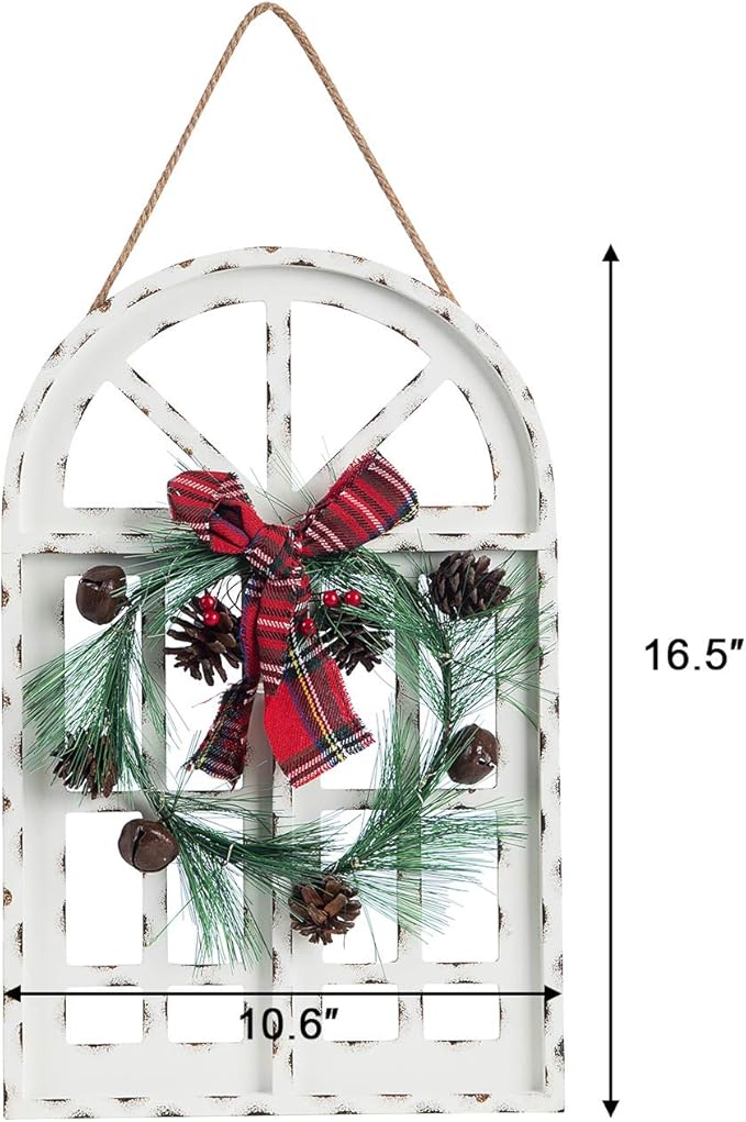 Sunnygalde Indoor and Outdoor Wood Christmas Holiday Wall Hanging Door Decorations Wood Plaqu Signs Christmas Ornament, for Home, School, Office Including Wreath, Wooden Arch and Led Lights (White)