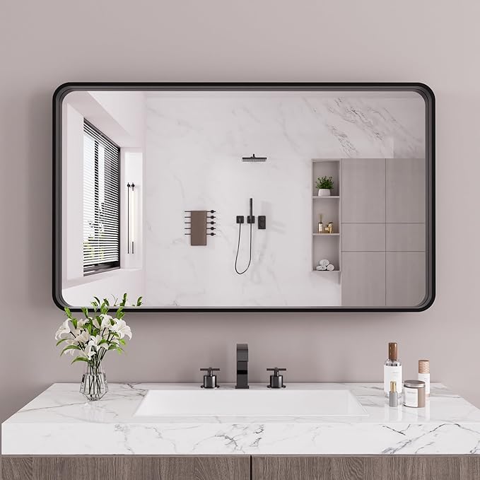 Black Bathroom Mirror 72X32 Inch, Black Metal Framed Mirror for Wall, Rounded Rectangle Matte Bathroom Vanity Mirror with Tempered Glass, Anti-Rust, Horizontal/Vertical