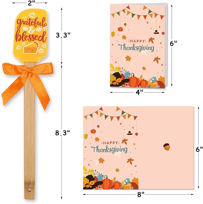 Thanksgiving Silicone Spatula Set Heat Resistant Home Kitchen Baking Decor Gift for Mom Food Grade Idea Birthday Housewarming Wedding Party with Wooden Handle and Colorful Ribbon Bows Mixing Cooking