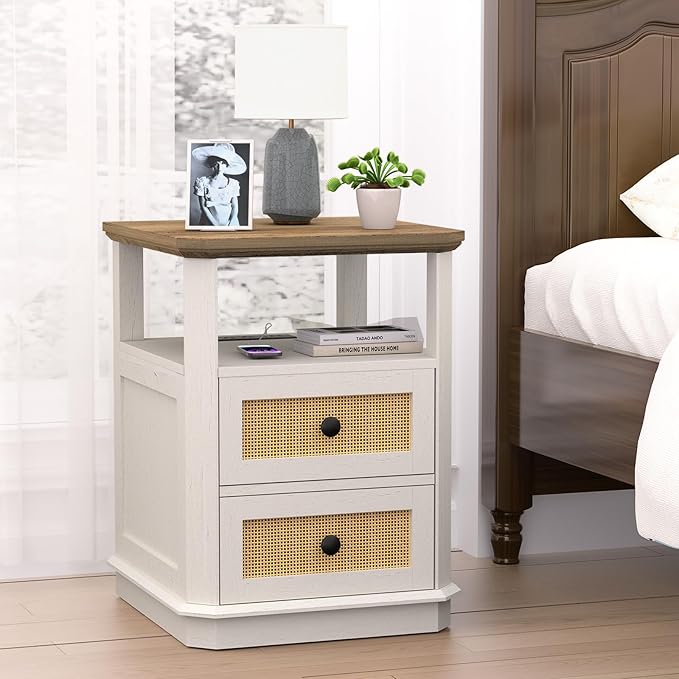 End Table with Charging Station, 24” Tall Sofa Side Table with Rattan Drawer, Anti-Collision Angle Wooden Night Stand for Living Room, Bedroom, Office.