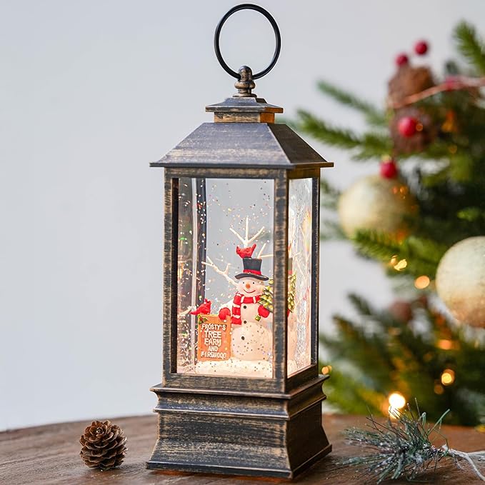10'' Frosty's Tree Farm Snowman Musical Lighted Snow Globe Water Lantern with Swirling Glitter Decoration for Christmas Home, Living Room, Battery Operated or USB Powered