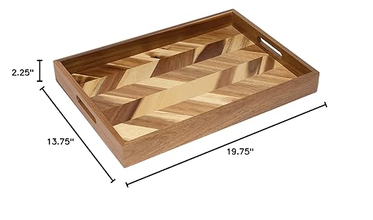 Lipper International 1265 Acacia Herringbone Serving Tray with Handle Cutouts for Meals or Organizing, 19 3/4" x 13 3/4" x 2 1/4"