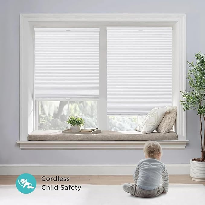 Joydeco No Tools No Drill Blinds for Indoor Windows, Cordless Window Blinds Cellular Shades Top Down Bottom Up Blackout Honeycomb Blinds Thermal Insulated Noise Reduction (White, 25" W x 64" H)