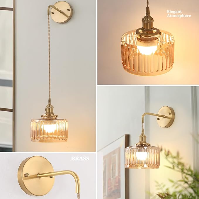 Battery Operated Wall Sconce with Amber Striped Shade Pattern Glass Adjustable Chain Retro Gold Wall Mounted Light, Modern Wall Lamp Fixtures Decor for Bedside Bedroom Indoor Doorway