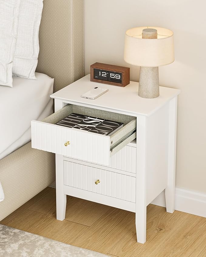 Fluted Nightstand, Farmhouse Night Stand with 3 Drawers, Mid Century Modern Side Accent Table,Bedside End Table for Bedroom, Living Room, White