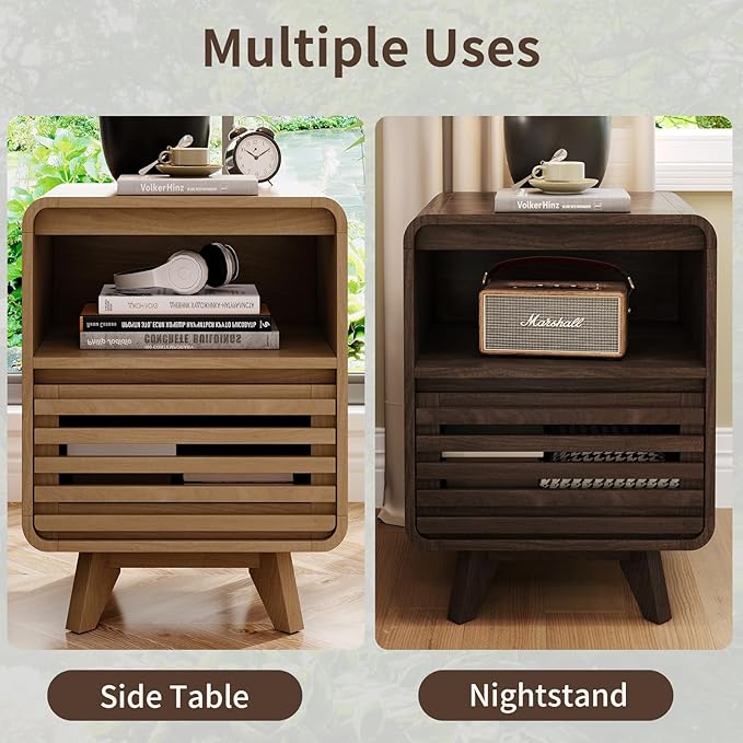 Fluted Night Stand Nightstand with Drawer Storage Grille Bed Side Table End Table Large Modern Wide Bedside Stand Tall Night Stands for Bedroom Living Room Sofa Couch Home Office, Natural Oak
