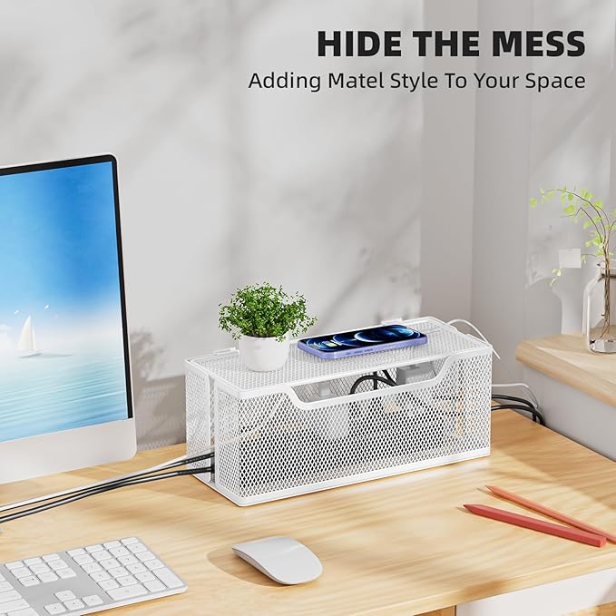 3 Pack Cable Management Box, Metal Mesh Cord Organizer Box for TV Wires, Electrical Hiding, Power Strip – Under Desk Cable Storage Box with Cable Clips&Reusable Cable Ties for HomeOffice - White