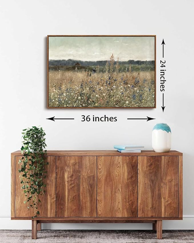 KISSFOX Vintage Landscape Canvas Wall Art Fall Farmhouse Wildflower Field Framed Wall Art Autumn Natural Serene Countryside Paintings Artwork Rustic Art Prints For Bedroom Bathroom Living Room