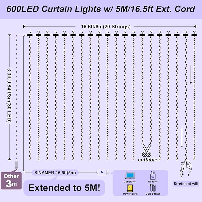 600LED White Curtain Lights for Bedroom, 19.6ft x 9.8ft Fairy Curtain String Light with 24 Hooks, 8 Modes Hanging Lights for Wedding, Party, Backdrop, Window, Xmas Decor