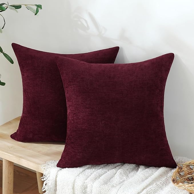 Jeneoo Burgundy Red Decorative Throw Pillow Covers Soft Chenille Comfy Square Couch Cushion Cases for Living Room Sofa Decor (Set of 2, 18 x 18 Inches)
