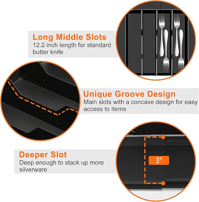 Silverware Organizer - Expandable Kitchen Drawer Organizer BPA-Free Silverware Drawer Organizer, Stackable Cutlery Tray for Forks, Knives, Slim Kitchen Organizers and Storage, Black, Large