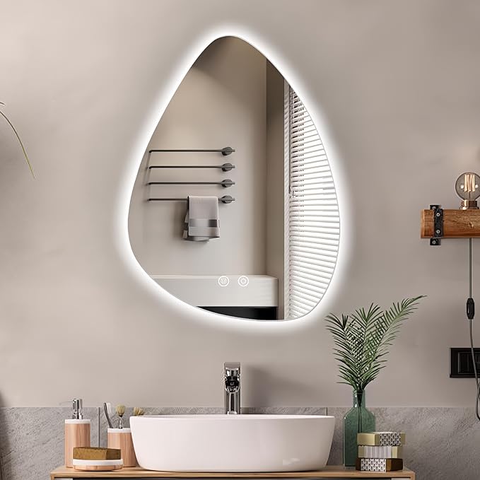 Niccy Irregular LED Bathroom Mirror, 20"x28" Asymmetrical Backlit Vanity Wall Mirrors, Frameless Lighted Mirrors for Bedroom, Living Room, Modern Smart-Mirror with Anti-Fog, Dimmable, Memory Function