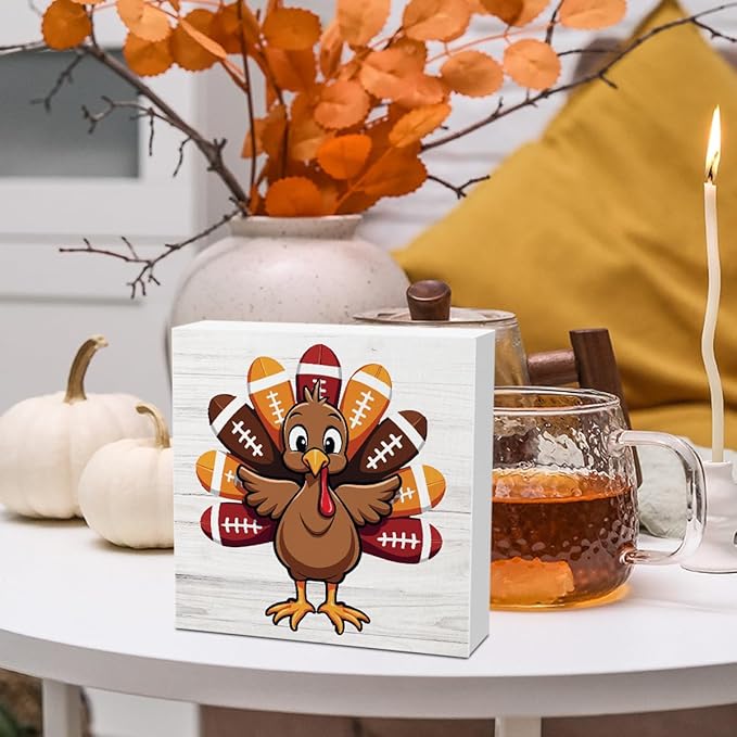 Fall Thanksgiving Football Turkey Sign Autumn Office Bedroom Dining Room Decor Wooden Box Block Plaque Wood Products Sign for Desk Table Tabletop Decor 5 x 5 inches Tub1604