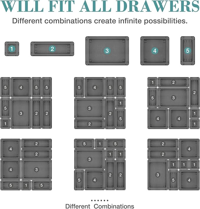 25 PCS Drawer Organizer Set, 4 Varied Size Bathroom and kitchen Drawer cabinet organizer Trays, Clear Storage Bins for Makeup, Jewelry, Utensils and Gadgets,Black