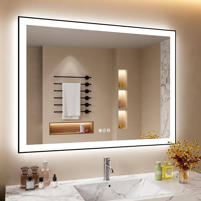 48x36 Inch LED Bathroom Mirror with Black Frame, Backlit and Front Lighted Bathroom Mirrors for Wall, Anti-Fog, Dimmable, Memory, Shatterproof, LED Vanity Mirror for Bathroom