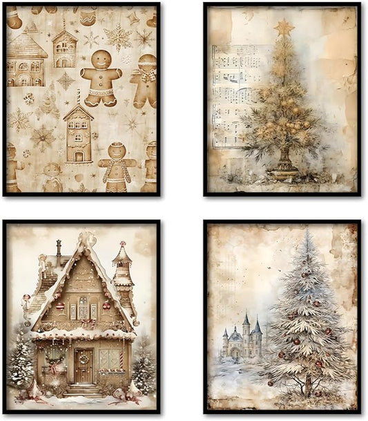 TFKFJLF Vintage Christmas Tree Prints Wall Art Poster Decor, Retro Christmas Gingerbread Decor Wall Art, Winter Holidays Decorations for Bedroom Bathroom Living Room Office, Unframed 8x10in Set of 4