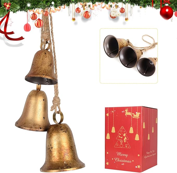 Styleonme Decorative Bells, 3-Piece Set of Harmonious Bells, Vintage Handmade and Rustic Lucky Christmas Bells Hanging on a Rope, Gifts for Mom, Grandma, and Women