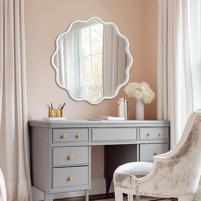 PROHOMEWARE White Round Mirror 28 Inch Wavy Bathroom Vanity Mirror White Frame Modern Wall Mirror Decorative Wall-Mounte Anti-Rust, Tempered Glass