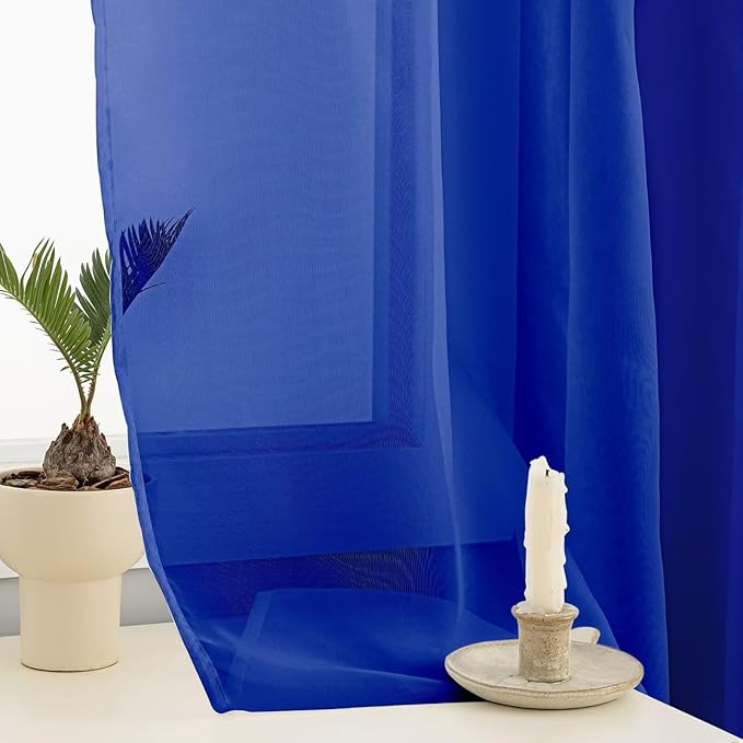 Sheer Curtains 54 Inches Long 2 Panels, Rod Pocket Short Curtain for Kitchen, Bedroom, Cafe Window(Blue Sapphire 38" W x 54" L)