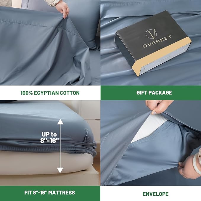 100% Egyptian Cotton Sheets Cal King Sheet Set 4PCS 1000 Thread Count Sateen Weave Soft Breathable 16-Inch Deep Pocket(California King,Dusty Blue)