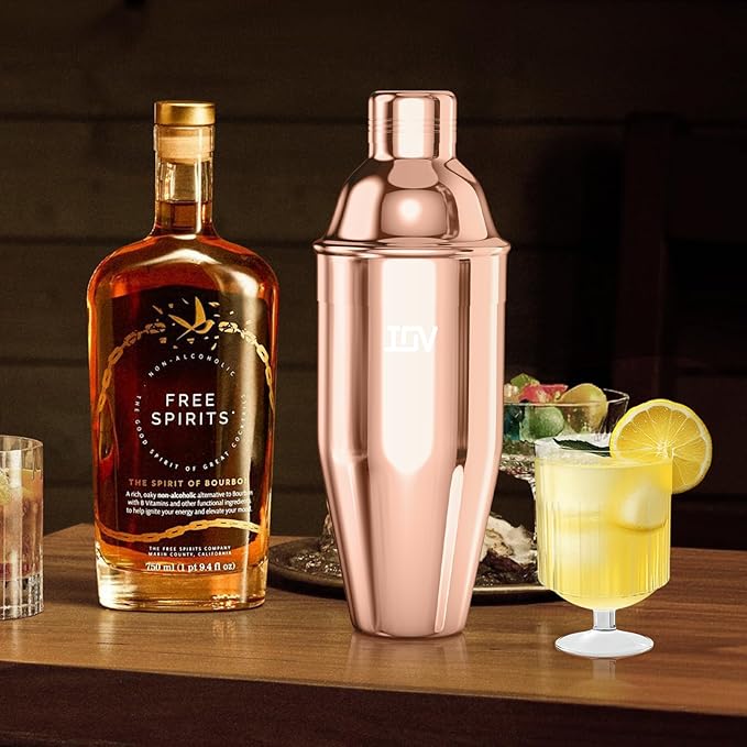 IOV Cocktail Shaker, 24 oz Martini Shaker, Drink Mixer with Built-in Strainer, Professional Stainless Steel Margarita Alcohol Shaker with Cocktail Recipe Guide, Bartender Kit Gifts, Rose Gold