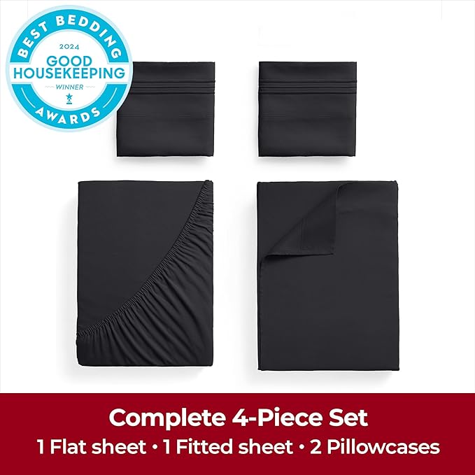 Mellanni Extra Deep California King Sheets - 4 PC Iconic Collection Bedding - Hotel Luxury, Ultra Soft, Cooling Bed Sheets - Wrinkle, Fade, Stain Resistant (Cal King, Black)