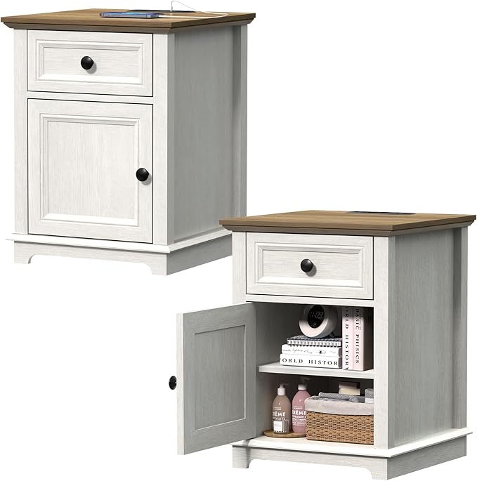 End Table with Fast-Charge Set of 2, Side Table with Drawer Storage and Adjustable Shelf, Charging Nightstand Set of 2, Wooden Side Table for Living Room/Bedroom/Office, White