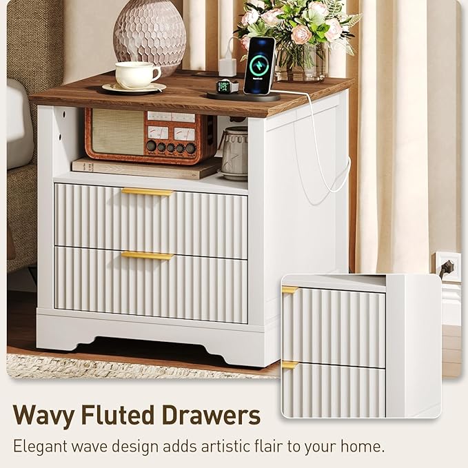 Farmhouse Fluted End Table with Charging Station, 24'' Sofa Side Table with 2 Drawers, Farmhouse Bedside Table with Storage, Large Nightstand for Bedroom, Living Room, White and Walnut