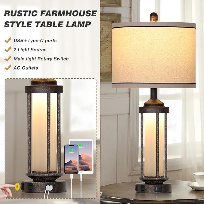 27" Farmhouse Industrial Table Lamps, Vintage Rustic Retro Beside Lamps with USB A+C Charging Ports & AC Outlet, Modern Nightstand Lamps with Glass LED Night Light for Living Room Bedrooms End Table