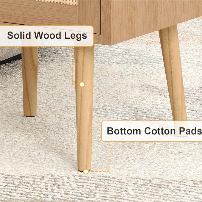 Nightstand Rattan with Charging Station, Mid Century Modern Bed Side Table, Boho End Table with Wood Legs, Bedside Tables for Bedroom Living Room (1, Natural, 11.8" D x 15.9" W x 23.4" H (1 Drawers))