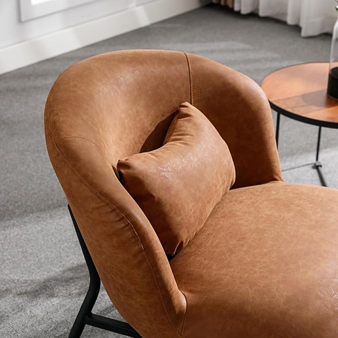 LukeAlon PU Leather Single Sofa Chair, Modern Upholstered Accent Chair with Metal Legs and Pillow Cute Living Room Chair Wide Seat Slipper Chair for Bedroom Reception Area, Brown