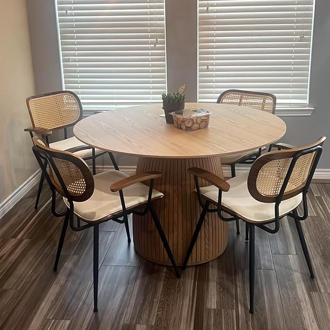 Rattan Dining Chairs Set of 4, Mid Century Modern Kitchen Side Chair, Metal Legs Desk Chair, Linen Fabric Accent Chair with Arms and Rattan Backrest, Beige