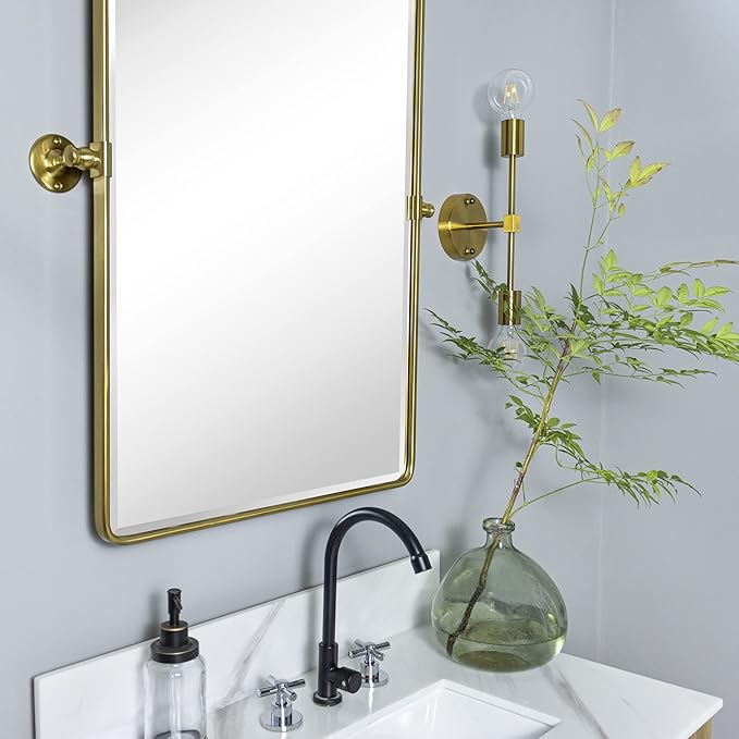 TEHOME Gold Pivot Rectangle Bathroom Vanity Mirrror Farmhouse Tiltable Rounded Metal Framed Pivoting Bathroom Mirror with Beveled Mirrror, Overall 26.91 x 35 inches (Mirrror 23 x 35 inches)