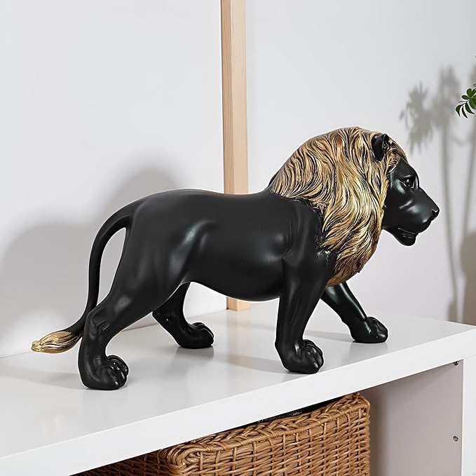 12" Collectible Black Gold Lion Statue, Desk Decor, Room Decor, Home Decor, Modern Art Sculpture, Handmade Resin Animal Statue, Gift for Women,Brother,Friend