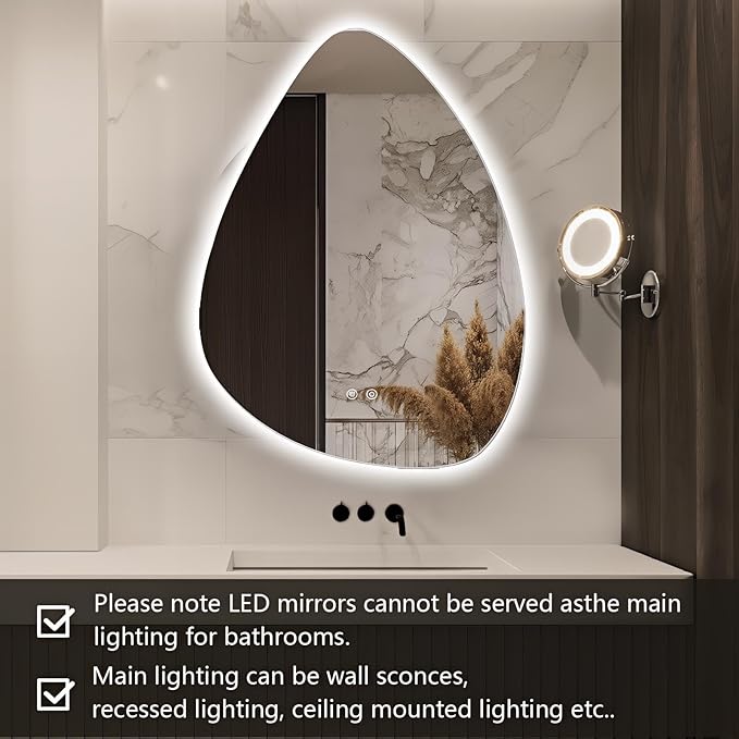 Niccy Irregular LED Bathroom Mirror, 30"x40" Asymmetrical Backlit Vanity Wall Mirrors, Frameless Lighted Mirrors for Bedroom, Living Room, Modern Smart-Mirror with Anti-Fog, Dimmable, Memory Function