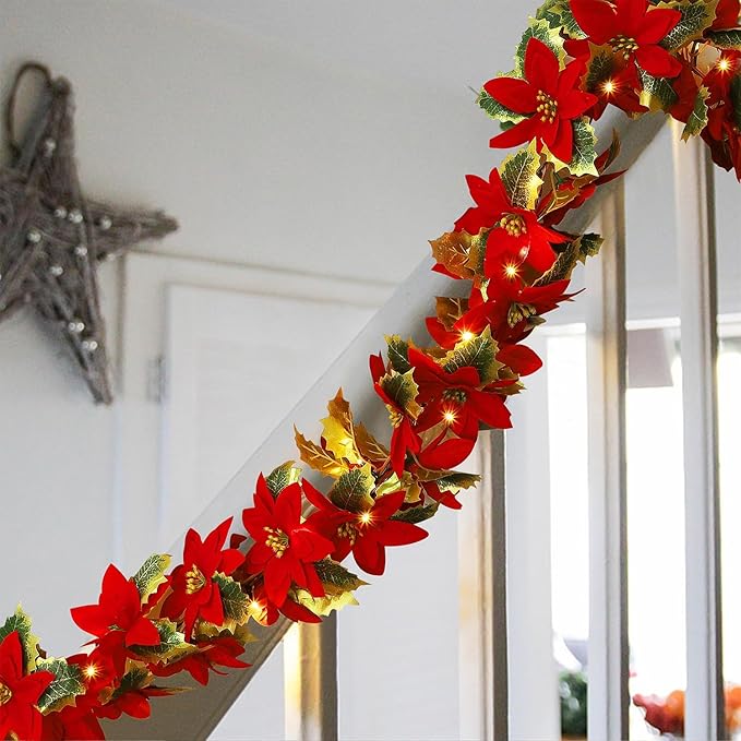 Glintoper 2 Pack Christmas Poinsettia Garland, 5.9 FT Lighted Artificial Garlands with 36 Red Flowers, Battery Operated with Timer Poinsettia String Lights, Light up for Xmas New Year Home Decor