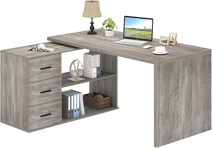 HSH 360° Rotating L Shaped Computer Desk with 3 Drawers and 2 Shelves, Home Office Swivel Desk for Work Writing Study Gaming, Reversible Wood Corner Desk with Storage Cabinet, Light Grey Oak, 55 Inch