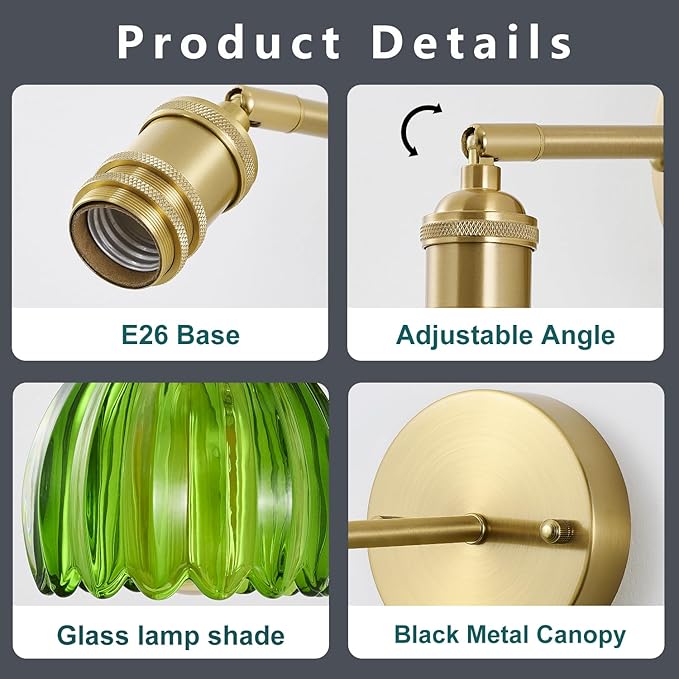 Vintage Wall Sconces with Pullswitch, 180 Degree Adjustable, Hradwired Modern Wall Lighting Fixture with Green Tulip Glass Lampshade for Bedroom Bedside Bathroom(2pack)