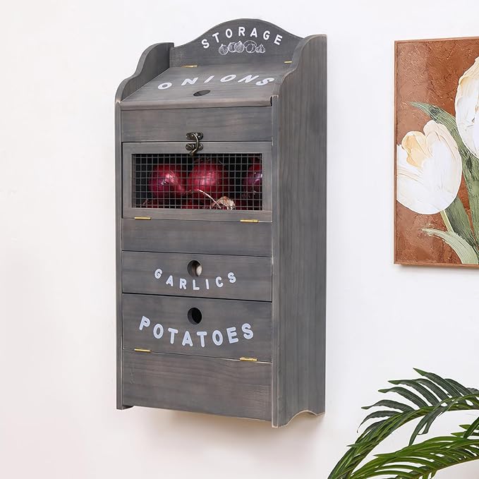 ARTAWEIN Potato Storage Bin Wall-mountable Potato Box with Lid Rustic and Garlic Drawer Onion Organizer with Grocery Section Decorative Vegetable Organization Cabinet for Kitchen