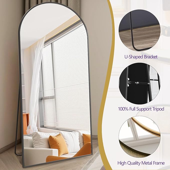 Arched Full Length Mirror, 78"x38" Large Floor Mirror with Stand, Oversized Full Body Mirrors for Standing/Leaning/Hanging, Wall Mounted Mirrors for Bedroom, Living Room,Dressing Room, Black