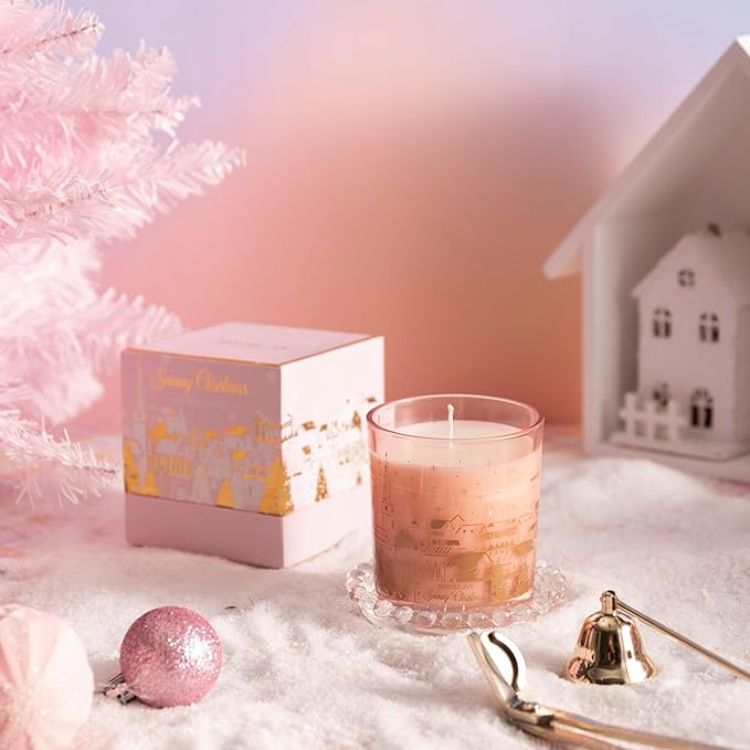 ROMIIE ZOI Christmas Scented Candle - 6oz Soy Wax Candle, Snowy Design, Infused with Floral Aroma - Pink & Gold Gift Box Packaged for Holiday Season Gift