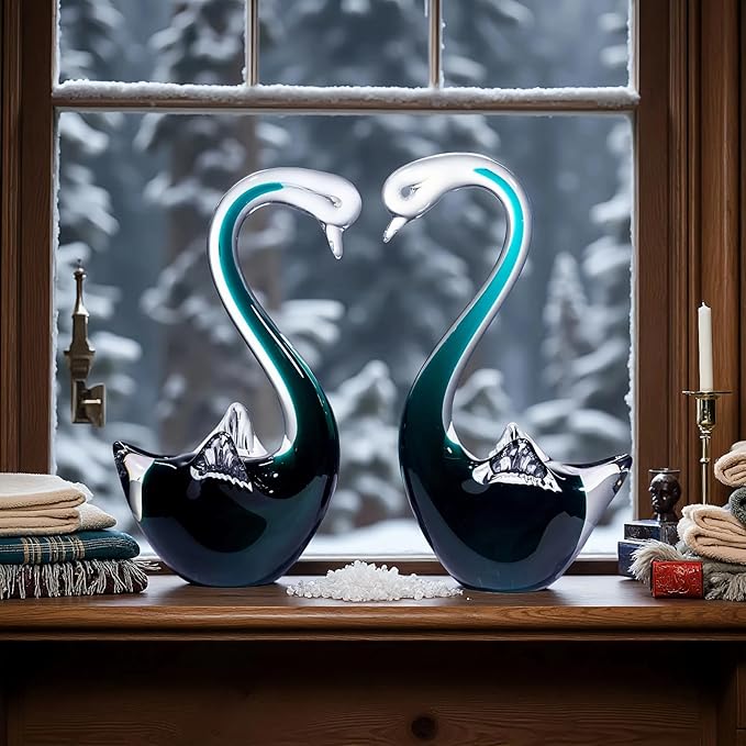 Hand Blown Glass Aqua Green Swan Figurines Set - Weatherproof Glass Art, Indoor/Outdoor Decor, Pair of 2 - Perfect Garden Art, Home Shelf Display & Gift for All Occasions